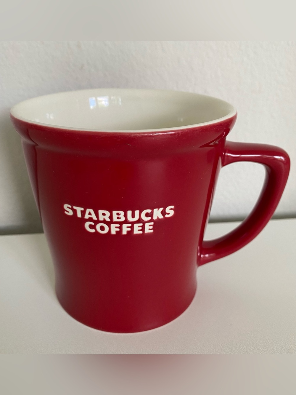 Vintage Starbucks Red Coffee Mug, White Embossed Logo, New Bone China, 2009 16oz